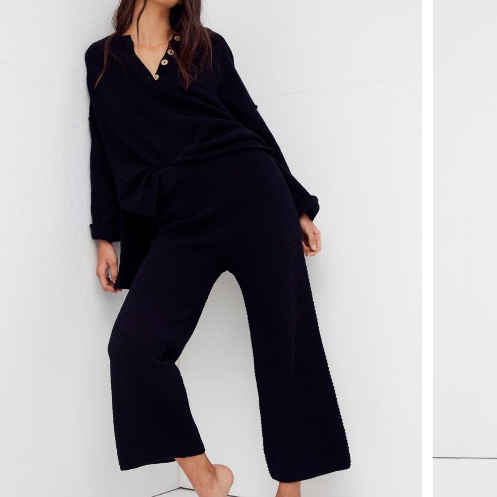 Free People Black Waffle Knit Pajama Set